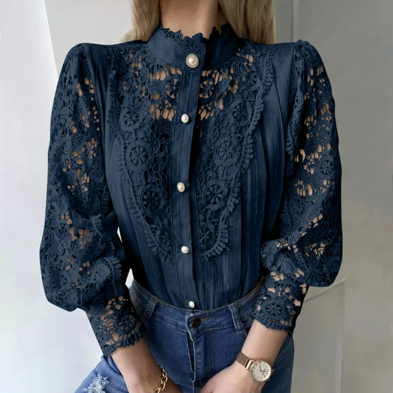 Qepwscx Womens Long Sleeves Shirt lace Cutout Vintage Pleated Button Up Dressy Shirt Lightweight Top & Blouse 2025 Fashion 