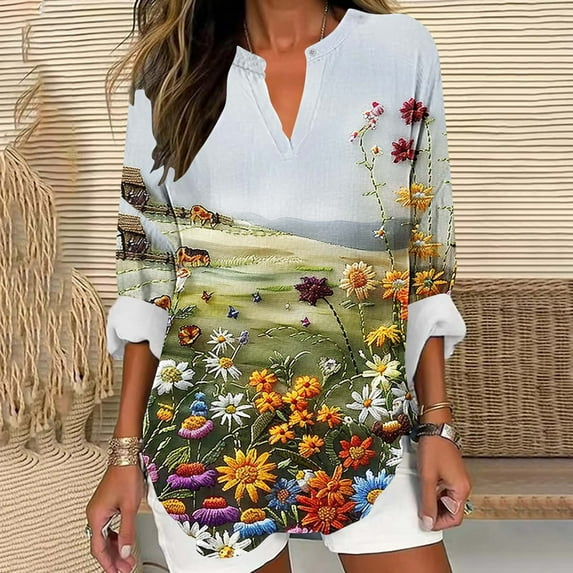 Qepwscx Womens Oversized Shirts Loose Long Sleeve Graphic T-Shirt Floral Print 2025 Blouse Basic Tees Casual Blouses Tops Ladies Spring Fall Shirt Sweatshirt Plus Size S-XXXXXL