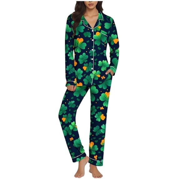 Qepwscx Womens Pajamas Set St. Patrick's Day Button Up Shirt & Elastic Waist Pants Collar Neck Graphic Pj Nightwear Sleepwear For Women Long Sleeve Nightwear Soft 2 Piece Outfits S-Xxl