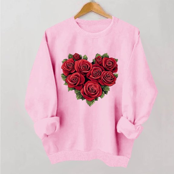 Qepwscx Womens Shirts Long Sleeve Valentine'S Day Crewneck Sweatshirt Love Heart Printed Sweatshirt Rose Print Tops For Women Trendy Pullover Sweatshirt Ladies