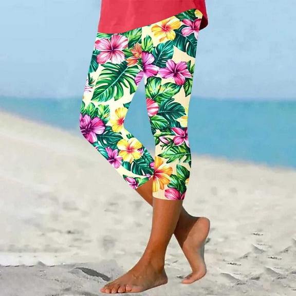 Qepwscx Womens Shorts Below Knee Length Stretchy Hight Waist Capris Tropical Hawaii Graphic Cargo Hiking Long Shorts Lightweight Bermuda Shorts Floral Print Cargo Jogger Pants for Women Slim Fits S-XX