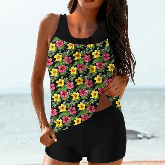 Qepwscx Womens Swimsuits Sets Floral Hawaii Print Two-Piece Tankinis Swimdress for Women High Waisted Bathing Suits Tropical Graphic StrapeTank Top with Shorts 2025 Swimwear