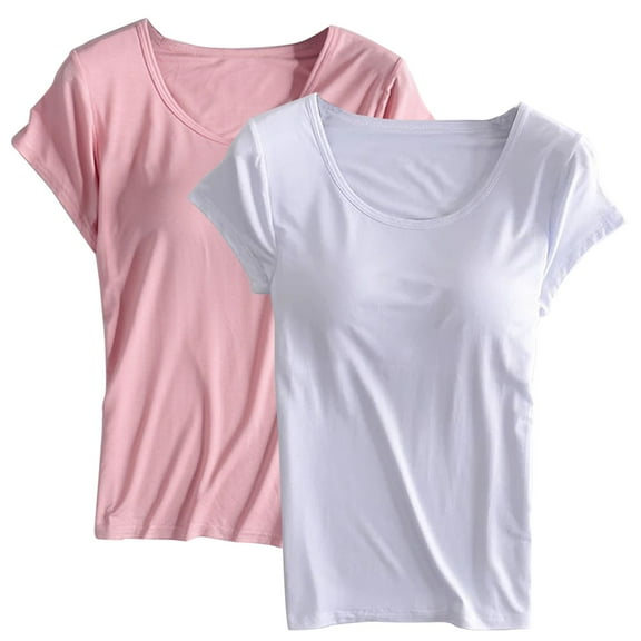 Qetyuw 2 Pack Pajama Shirts with Built in Bra Women Soft Solid Short Sleeve Pajama T Shirts Comfy Lightweight Plain Sleepwear Padded Yoga Tops