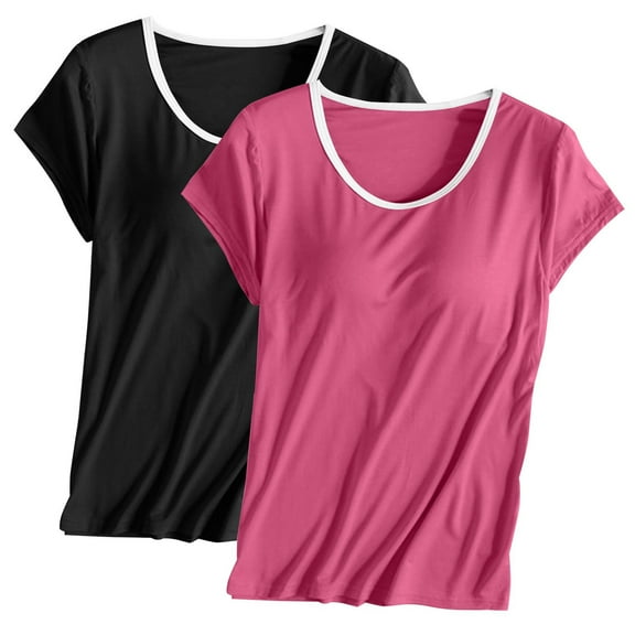 Qetyuw 2 Pack Pajama Tops with Built in Bra for Women Casual Breathable Short Sleeve Pajama Shirts Basic Plain Sleep Tee Shirts Fall Summer Sleepwear