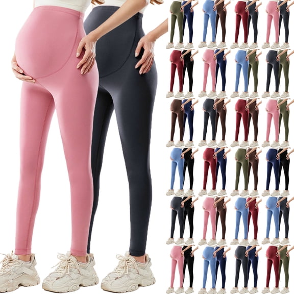 Qetyuw 2 Pack Women's Maternity Leggings Stretchy Over The Belly Bump Maternity Yoga Pants Pregnancy Leggings Soft High Waist Yoga Pant