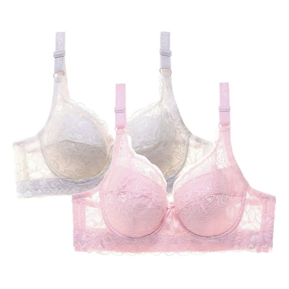 Qetyuw 2PC Lace Bras for Women Underwire High Support T-Shirt Bra Full Coverage Minimizer Bra Push Up Lightly Lined Underwear Comfortable Petite Sheer Bras