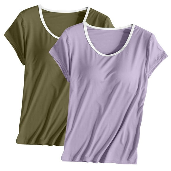 Qetyuw 2Pack Built in Bra T-Shirts for Women Loose Fit Padded Tops Yoga Short Sleeves Blouses Soft Pajamas Ladies Breathable Workout Shirts