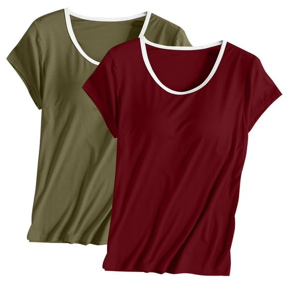 Qetyuw 2Pack Built in Bra T-Shirts for Women Loose Fit Padded Tops Yoga Short Sleeves Blouses Soft Pajamas Ladies Breathable Workout Shirts