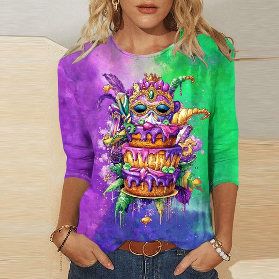Qetyuw 3/4 Length Sleeve Womens Tops Crew Neck Tshirts Mardi Gras Mask Graphic Tees Plus Size Casual Shirt Night Out Party Tshirt