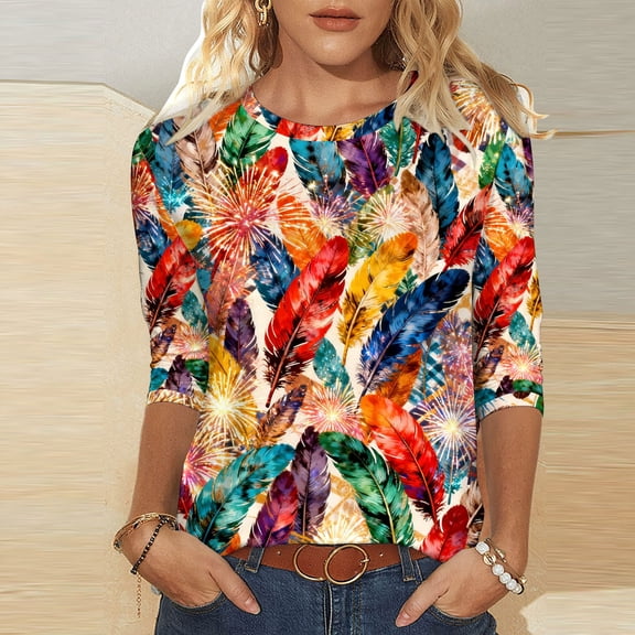 Qetyuw 3/4 Sleeve Shirts for Women Round Neck Loose Fit Comfy Tshirts Lightweight Casual Tee Shirt Going Out Tops for Women