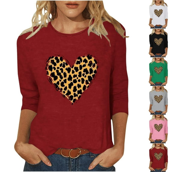 Qetyuw 3/4 Sleeve Tops for Women Plus Size Casual Crew Neck Tee Shirts Funny Love Heart Print Tshirts Lightweight Comfy Tshirt