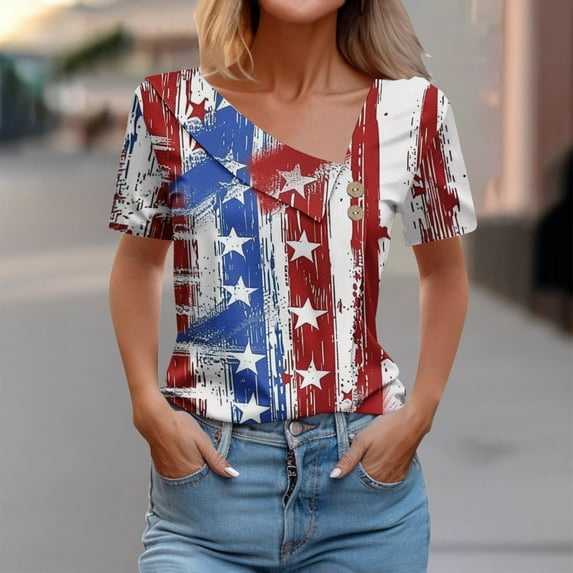 Qetyuw 4th of July Shirts for Women Proud Patriotic USA Flag Pattern Tshirts Elegant Short Sleeve Tees Breathable V Neck Buttons Blouses Tops Work Tops for Women