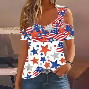 Qetyuw 4th of July Shirts for Women Summer Patriotic Stars and Stripes Graphic Tshirts Loose Fit Short Sleeve Tees Breathable V Neck Blouses Tops Plus Size Tops for Women
