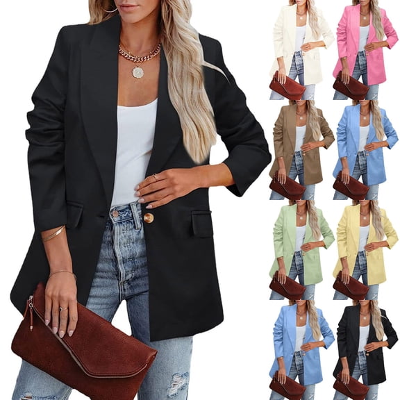 Qetyuw Blazers for Women Notched Lapel Work Office Open Front Jacket Button Dressy Casual Blazer with Pockets
