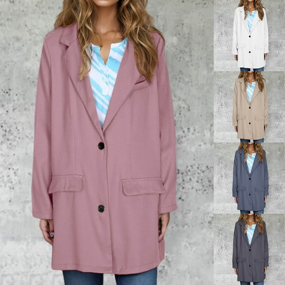 Qetyuw Blazers for Women Oversized Notched Lapel Long Blazer Button Down Dressy Casual Jacket with Pockets