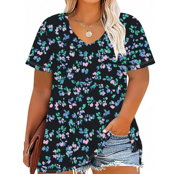 Qetyuw Boho Shirts for Women Plus Size Short Sleeve Tops V Neck Summer Casual Tees Floral Print Shirt Loose Fit Holiday Tshirts