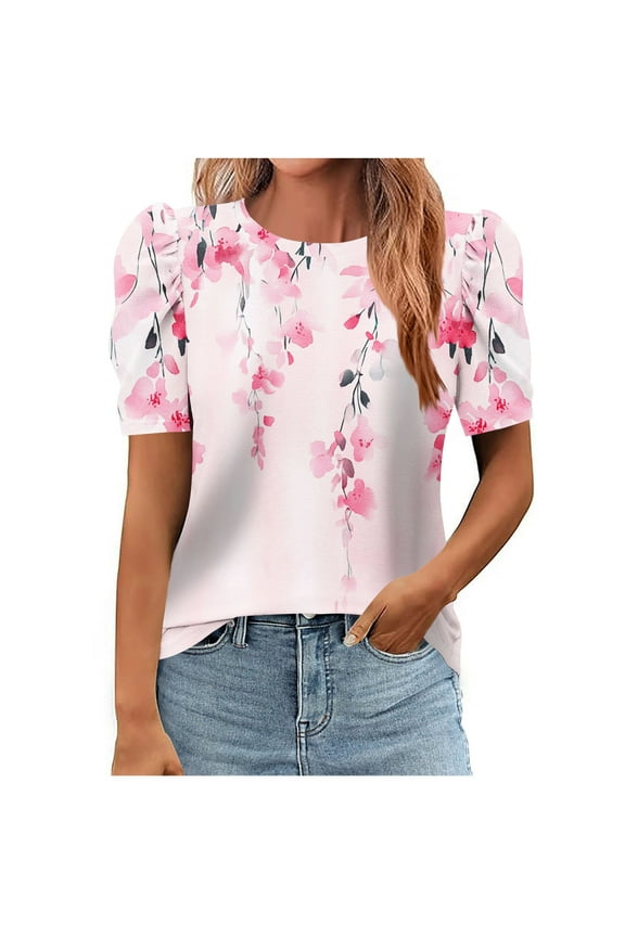 Boho Tops for Women Puff Short Sleeve Shirts Crew Neck Loose Shirt Floral Print Tees Dressy Casual Blouse Tops