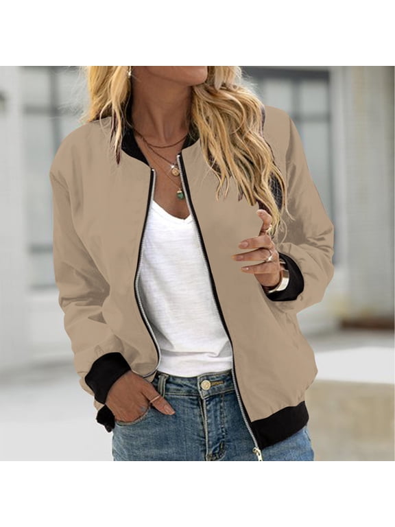 Bomber Jacket for Women Full Zip Up Outerwear Long Sleeve Track Jackets Stand Collar Baseball Jacket Fall Lightweight Casual Sports Jacket with Pockets