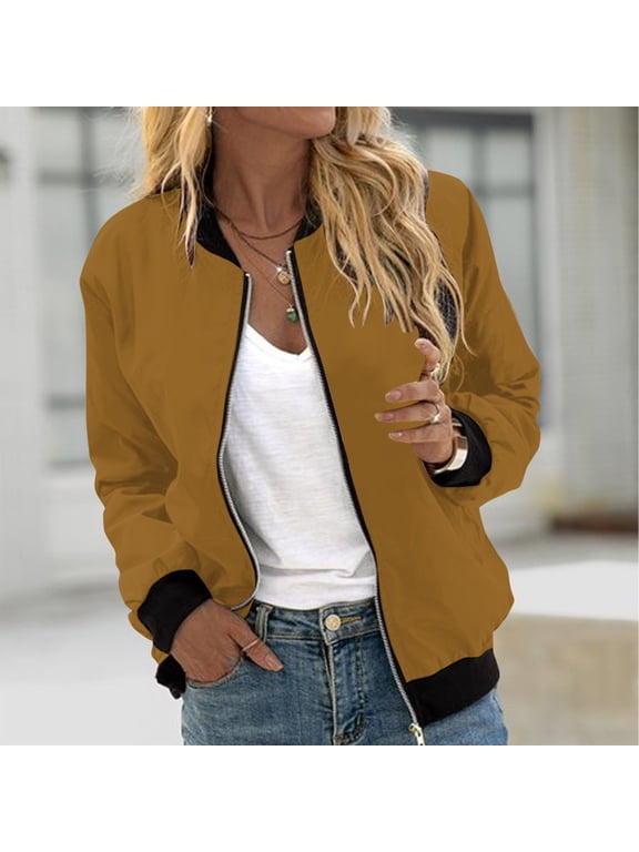 Bomber Jacket for Women Full Zip Up Outerwear Long Sleeve Track Jackets Stand Collar Baseball Jacket Fall Lightweight Casual Sports Jacket with Pockets
