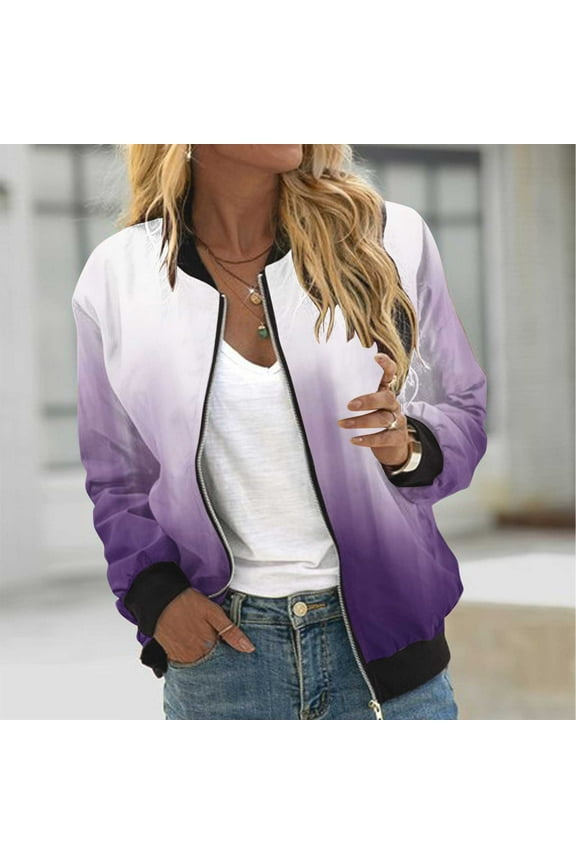 Bomber Jacket for Women Lightweight Casual Long Sleeve Coat Gradient Full Zip Up Cardigan Jackets