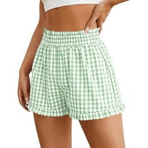 Qetyuw Boxer Shorts for Women Gingham Pajama Shorts Smocked High Waist Pants Summer Cute Ruffle Sleep Pants Comfortable Elastic Casual Trousers