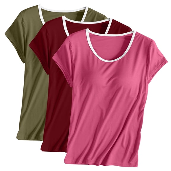 Qetyuw Built in Bra Padded T-shirts Womens Loose Casual Short Sleeves Pajama Shirts Soft Breathable Sleep Tops Solid Plain Sleepwear Sleepwear 3 Pack