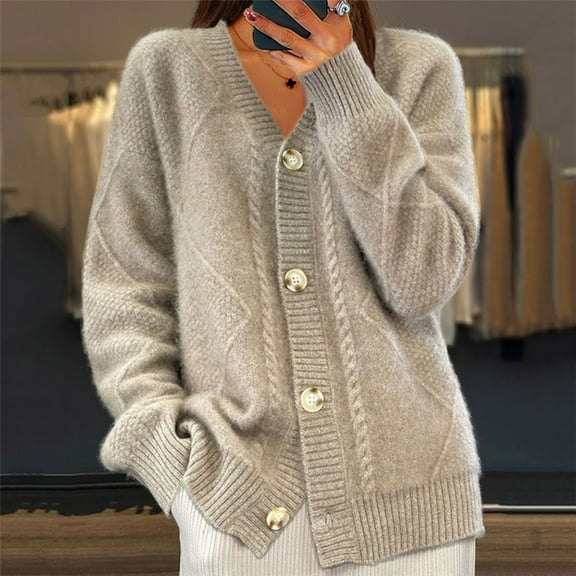 Qetyuw Button Down Knit Jackets for Women Casual Long Sleeve Open Front Cardigan Coats Solid Color Loose Fit Outwear