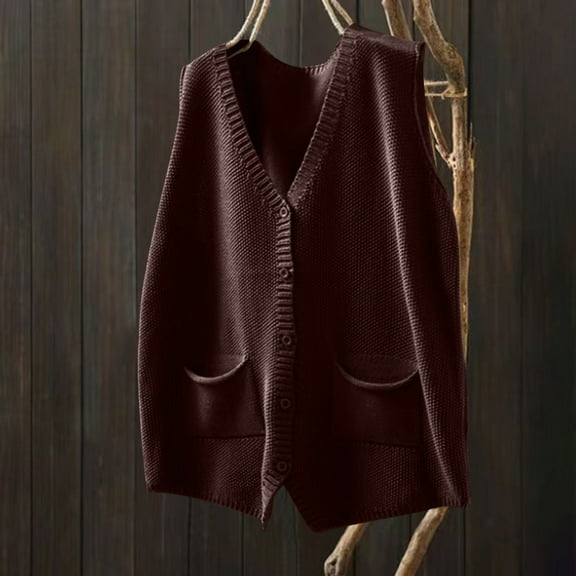 Qetyuw Button Down Sweater Vests for Women Knit Sleeveless V Neck Vest Solid Color Casual Tank Tops with Pockets