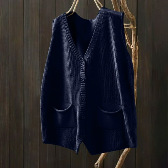 Qetyuw Button Down Sweater Vests for Women Knit Sleeveless V Neck Vest Solid Color Casual Tank Tops with Pockets