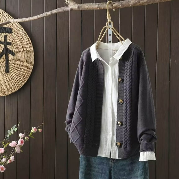 Qetyuw Cable Knit Cardigan Sweater for Women Button Down Long Sleeve Coat Chunky Casual Jacket Solid Color Loose Fit Cardigans Sweaters