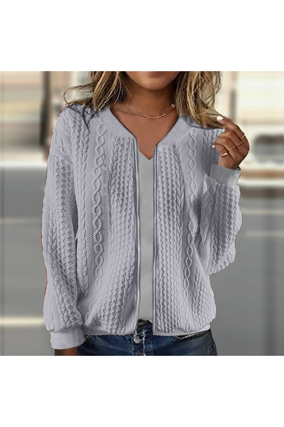 Cable Knit Jacket for Women Casual Full Zip Up Open Front Cardigan Coat Slim Fit Long Sleeve Jackets Outwear
