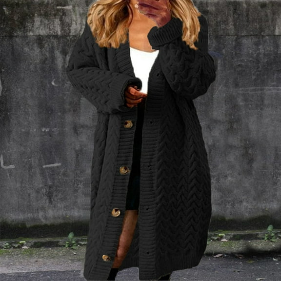 Qetyuw Cable Knit Long Sweaters for Women Single Breasted Long Sleeve Open Front Cardigans Winter Casual Warm Trench Coat