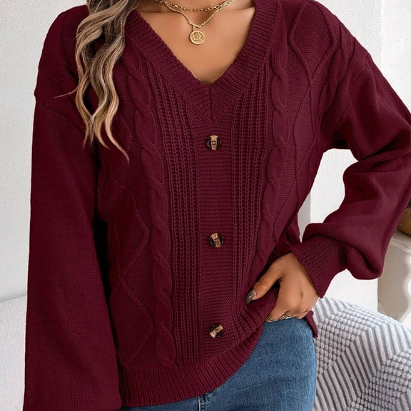 Qetyuw Cable Knit Sweater for Women Button Decoration Front V Neck Sweaters Chunky Casual Loose Fit Pullover Jumpers