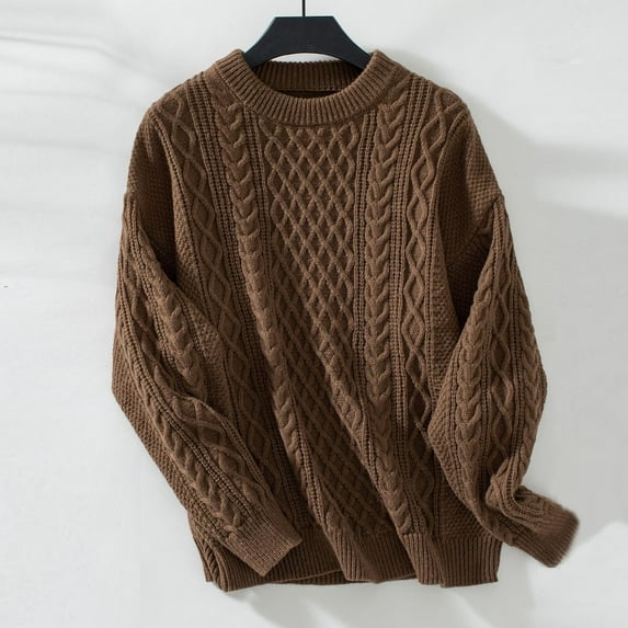 Qetyuw Cable Knit Sweater for Women Oversized Long Sleeve Jumper Casual Chunky Crew Neck Sweaters Solid Color Warm Jumpers