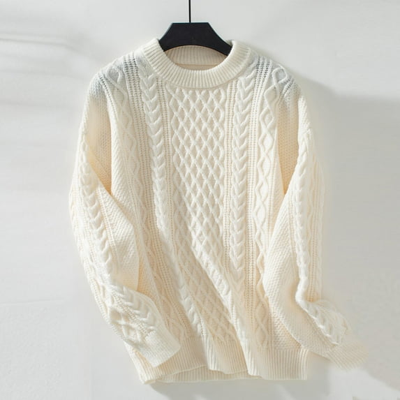 Qetyuw Cable Knit Sweater for Women Oversized Long Sleeve Jumper Casual Chunky Crew Neck Sweaters Solid Color Warm Jumpers