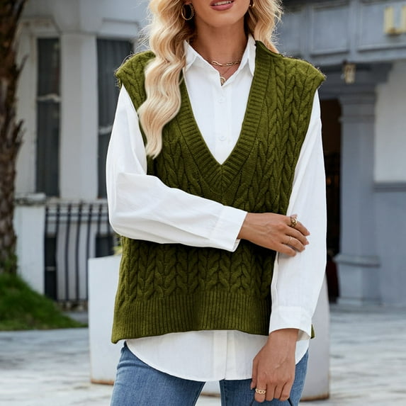 Qetyuw Cable Knitted Sweater for Women Chunky Sleeveless V Neck Sweaters Vests Solid Color Casual Loose Fit Pullover Jumpers