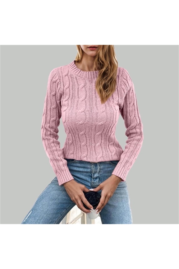 Cable Knitted Sweater for Women Solid Color Long Sleeve Pullover Jumper Chunky Crew Neck Sweaters Slim Fit Casual Jumpers
