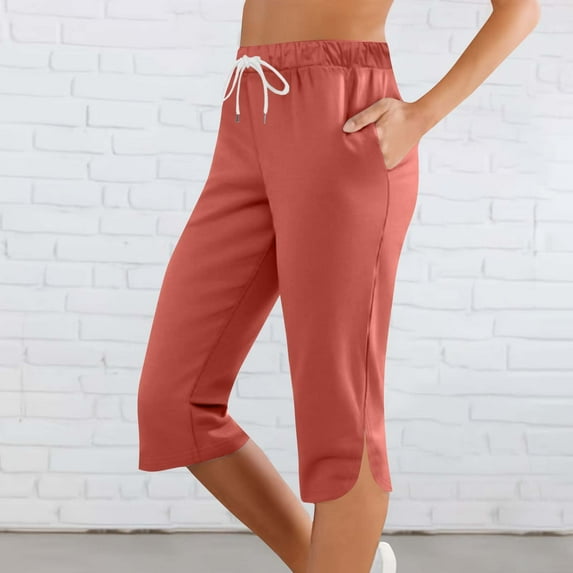 Qetyuw Capri Pants for Women Straight Leg Cropped Pants with Pockets Drawstring Elastic Waist Pants Side Split Hem Trousers Sports Athletic Joggers