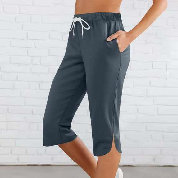 Qetyuw Capri Pants for Women Straight Leg Cropped Pants with Pockets Drawstring Elastic Waist Pants Side Split Hem Trousers Sports Athletic Joggers