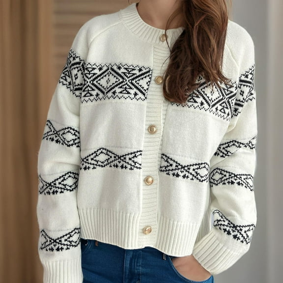 Qetyuw Cardigan Sweater for Women Geometry Striped Raglan Long Sleeve Cardigans Jacket Chunky Knitted Crew Neck Sweater