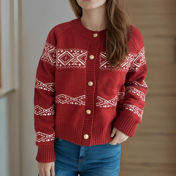 Qetyuw Cardigan Sweater for Women Geometry Striped Raglan Long Sleeve Cardigans Jacket Chunky Knitted Crew Neck Sweater