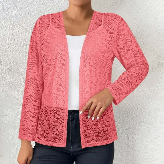 Qetyuw Cardigan for Women Sheer Lace Shirts Open Front Jacket Lightweight Long Sleeve Outerwear Elegant Loose Fit Cardigan Solid Color Hollow Out Tops Blouses