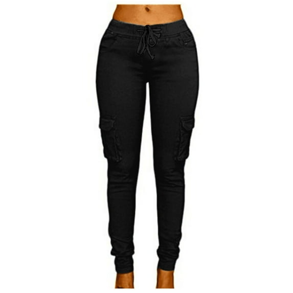 Qetyuw Cargo Leggings for Women Low Rise Skinny Pants with Multi Pockets Stretch Drawstring Slim Fit Trousers Solid Color Cinch Bottom Baggy Pants