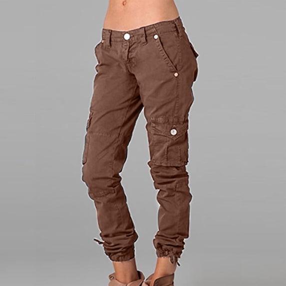 Qetyuw Cargo Pants for Women Ankle Length Low Rise Button Trouser with Multi Pockets Cinch Bottom Joggers Workout Hiking Loose Long Pants