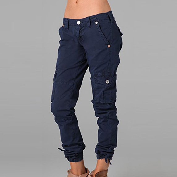 Qetyuw Cargo Pants for Women Ankle Length Low Rise Button Trouser with Multi Pockets Cinch Bottom Joggers Workout Hiking Loose Long Pants