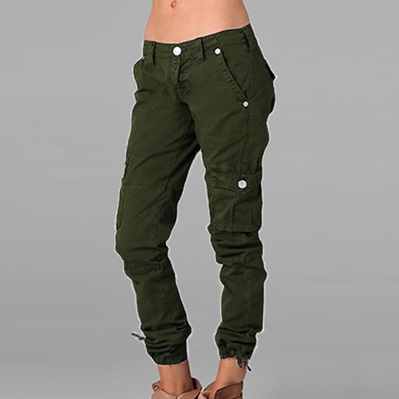 Qetyuw Cargo Pants for Women Ankle Length Low Rise Button Trouser with Multi Pockets Cinch Bottom Joggers Workout Hiking Loose Long Pants