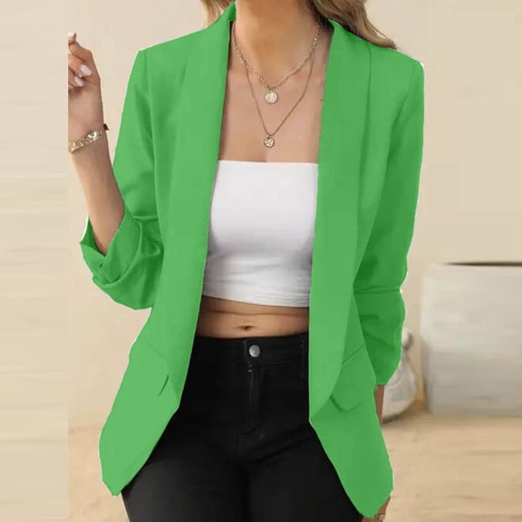 Qetyuw Casual Blazer for Women Notched Lapel Long Sleeve Open Front Blazers Solid Lightweight Office Coat Outwear