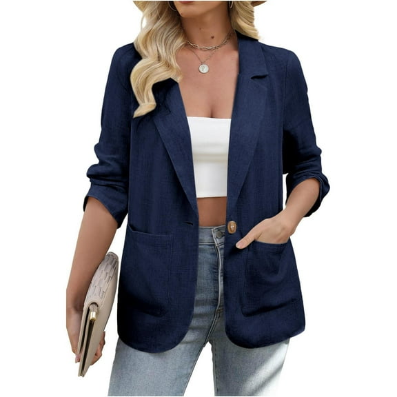 Qetyuw Casual Blazers for Women Lightweight Work Office Open Front Cardigan Long Sleeve Lapel Jacket with Pockets