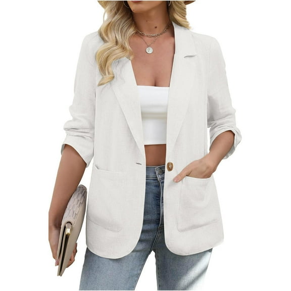 Qetyuw Casual Blazers for Women Lightweight Work Office Open Front Cardigan Long Sleeve Lapel Jacket with Pockets