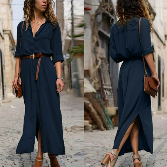 Qetyuw Casual Dress for Women Solid Color V Neck Long Sleeve Dresses Slim Fit Bandage Cardigans Dress